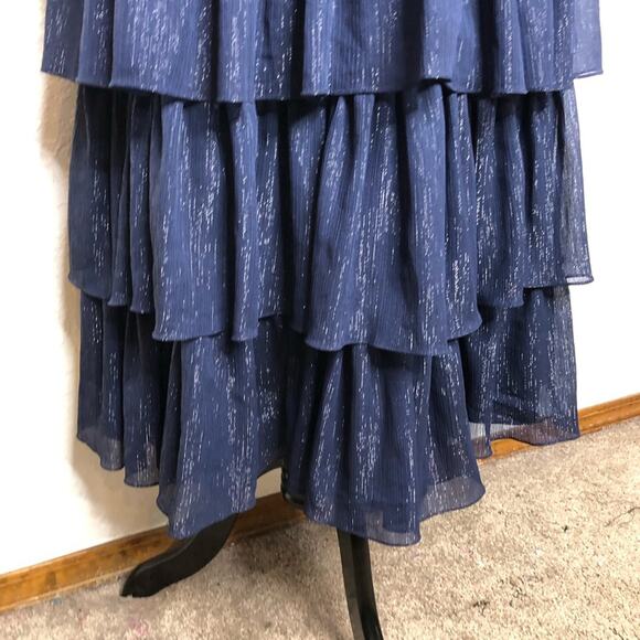 IEENA for Mac Duggal navy metallic tiered ruffle sleeveless midi formal dress 4 - Picture 5 of 16